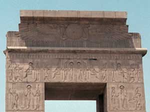 Top of the Outer Gate of the Temple of Khons at Karnak with its cavetto cornice & solar disc