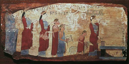 Painted scene (plaster on wood) showing a sacrifice (Pitsa 6th century BC) 