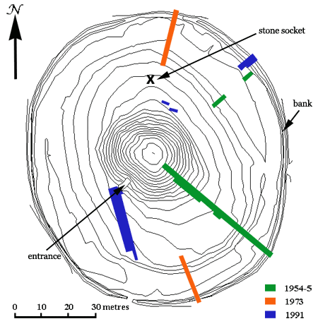 Contour Plan of Maes Howe showing the location of the trenches (contour intervals are at 50cm). After C. Richards, 2005.