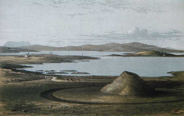 View of Lochs Harray and Stenness showing Maes Howe and the stone circles at Brodgar and Stenness (James Farrer, 1861)