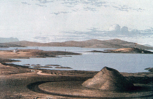 Print of Maes Howe with The Stones of Stenness and Ring of Brodgar in the background (1861)