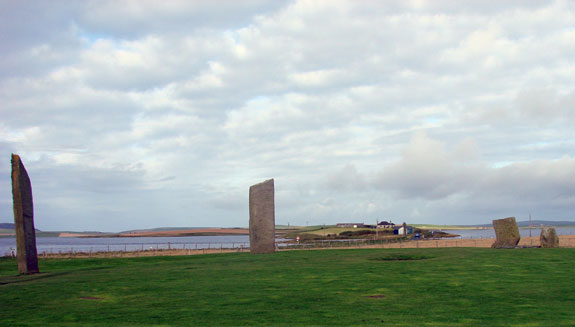 Veiw from Stenness to the former causeway with the Ring of Brodgar in the distance