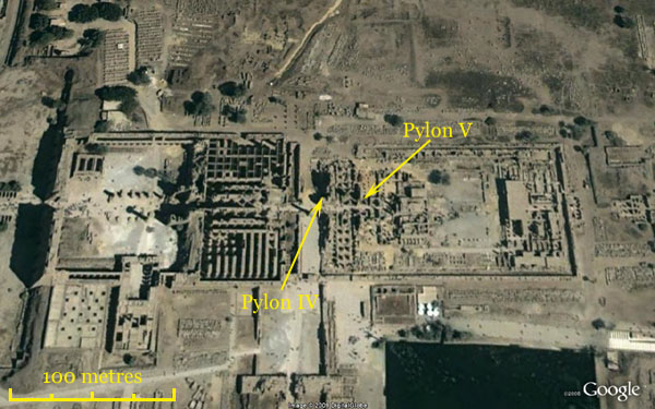 GoogleEarth view of Karnak showing Pylons IV & V