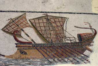 Roman trireme on the mosaic in Tunisia