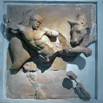 Metope from the Parthenon.Herakles cleansing the Augean Stables