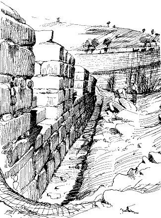 Remains of the Viaduct looking NW (Evans PM 2-1, Pl. XV. Drawing by Piet de Jong)