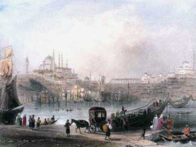 A scene of daily life in front of the Hayratiye Bridge on the Golden Horn in Ottoman-era Istanbul