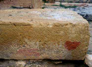 Ggantija South. Stone in Apse 2 bearing spiral decoration and traces of red paint