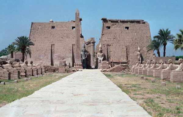 The sphinx-lined approach to the Luxor Temple & the pylon of Ramesses II (1985)